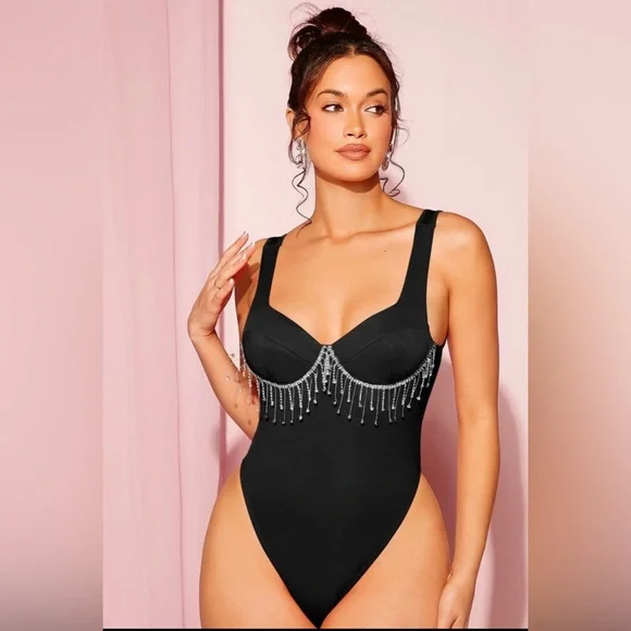 Rhinestone Fringe Trim Bodysuit - Picture 1 of 6